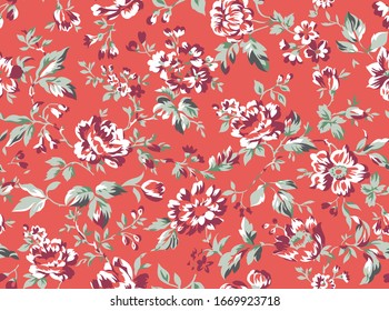 Vintage Style Floral Seamless Pattern Design, Shabby Chic Roses And Peonies Repeating Background For Web And Print