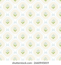 Vintage style floral seamless pattern, lily of the valley flowers and blue ribbons.	