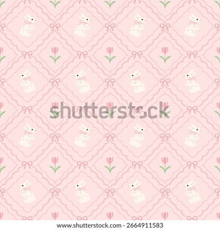 Vintage style floral seamless pattern, tulip flowers and bunnies, pink ribbons.