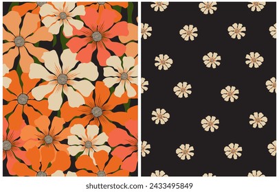 Vintage-Stil florale nahtlose Vektor-Muster. Trendige handgezeichnete Blumen auf dunkelgrünem und schwarzem Hintergrund. Retro 70er Jahre Stil Floral Endless Print ideal für Stoff, Textil. Abstraktes Gartenmuster.