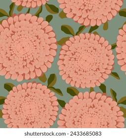 Vintage-Stil florale nahtlose Vektor-Muster. Koralle Pink Hand gezeichnet Chrysanthemen Blumen auf einem grünen Hintergrund.Retro 70's Style Floral Endless Print Ideal für Stoff. Trendiges abstraktes Gartenmuster. 