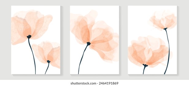 Plantilla de arte de pared floral estilo Antiguas. Colección de flor dibujada a mano con textura de acuarela naranja, flor silvestre. Cartel botánico para decoración de paredes, interior, Fondo de pantalla, Anuncio.