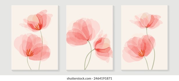 Vintage style floral wall art template. Collection of hand drawn flower with pink watercolor texture, wildflower. Botanical poster set for wall decoration, interior, wallpaper, banner.