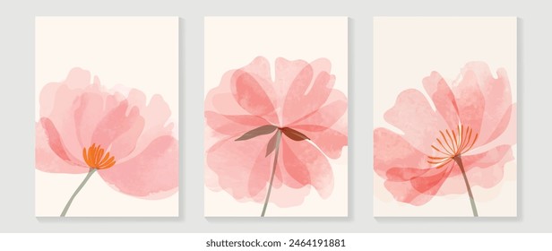 Plantilla de arte de pared floral estilo Antiguas. Colección de flor dibujada a mano con textura de acuarela rosa, flor silvestre. Cartel botánico para decoración de paredes, interior, Fondo de pantalla, Anuncio.