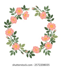 Vintage style floral wreath with briar rose flowers. Romantic vector frame for wedding invitation or greeting cards. Beautiful rose hip branches