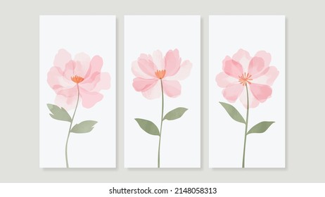 Vintage style flower wall art template. Collection of hand drawn leaves with watercolor texture, flower garden, pink floral. Botanical poster set for wall decoration, interior, wallpaper, banner.