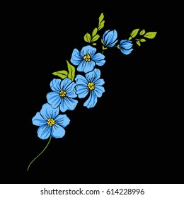 Vintage style flowers elements for embroidery on black background. Suitable for embroidery on pockets, collars, sleeves, shirts. Stock vector illustration. 