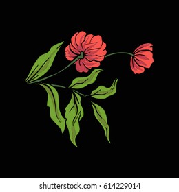 Vintage style flowers elements for embroidery on black background. Suitable for embroidery on pockets, collars, sleeves, shirts. Stock vector illustration. 