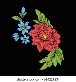Vintage style flowers elements for embroidery on black background. Suitable for embroidery on pockets, collars, sleeves, shirts. Stock vector illustration. 