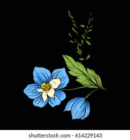 Vintage style flowers elements for embroidery on black background. Suitable for embroidery on pockets, collars, sleeves, shirts. Stock vector illustration. 