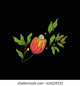 Vintage style flowers elements for embroidery on black background. Suitable for embroidery on pockets, collars, sleeves, shirts. Stock vector illustration. 