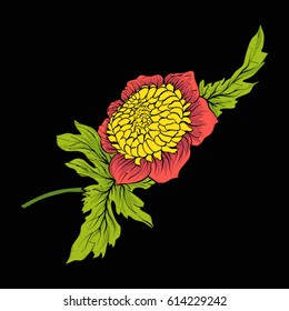 Vintage style flowers elements for embroidery on black background. Suitable for embroidery on pockets, collars, sleeves, shirts. Stock vector illustration. 