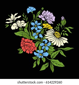 Flores de estilo vintage para bordados en fondo negro. Adecuado para bordados en bolsillos, collares, mangas, camisas. Ilustración vectorial de material. 