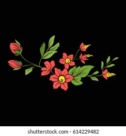 Vintage style flowers elements for embroidery on black background. Suitable for embroidery on pockets, collars, sleeves, shirts. Stock vector illustration. 
