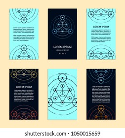 Vintage style flyer set inspired by sacred geometry. Vertical blanks with sacral geometric signs. Line art brochure pattern. Clipping masks. Ornamental star design leaflet. EPS 10 vector