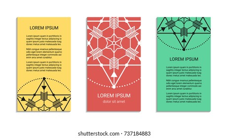 Vintage style flyer set inspired by sacred geometry. Vertical blanks with sacral geometric signs. Line art colorful brochure pattern. Ornamental star design leaflet. EPS 10 vector card templates.