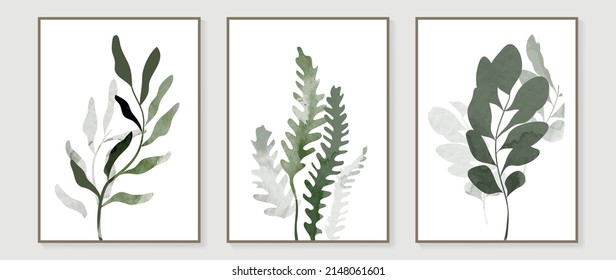 Vintage Style Foliage Wall Art Template. Collection Of Hand Drawn Leaves With Green Watercolor Texture, Leaf Branch, Line Art. Botanical Poster Set For Wall Decoration, Interior, Wallpaper, Banner.