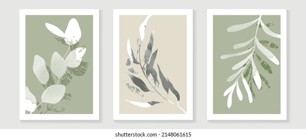 Vintage style foliage wall art template. Collection of hand drawn leaves with green watercolor texture, leaf branch, eucalyptus. Botanical poster set for wall decoration, interior, wallpaper, banner.