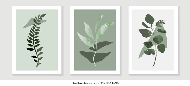 Vintage style foliage wall art template. Collection of hand drawn leaves with green watercolor texture, leaf branch, eucalyptus. Botanical poster set for wall decoration, interior, wallpaper, banner.