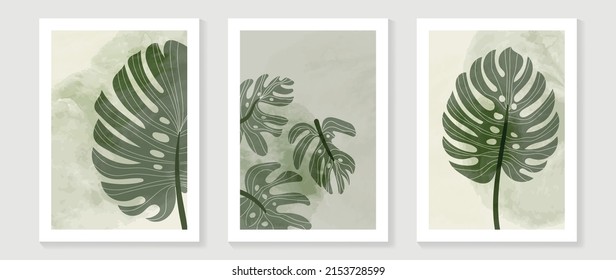 Vintage style foliage wall art template. Collection of hand drawn leaves vector with green watercolor texture, monstera, line art. Botanical posters for wall decoration, interior, wallpaper, banner.