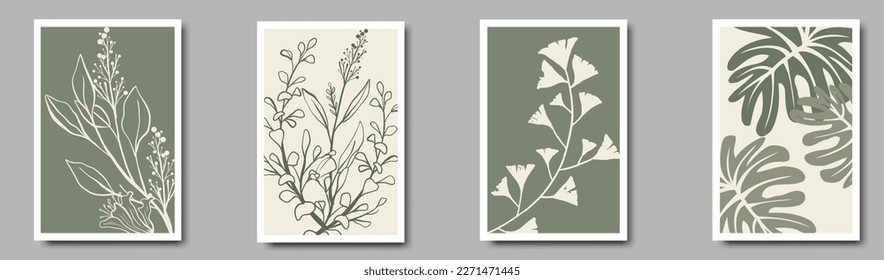 Vintage style foliage wall art template. Collection of hand drawn leaves with green watercolor texture.