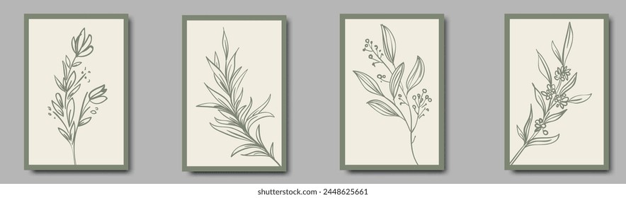 Vintage style foliage wall art template. Collection of hand drawn leaves