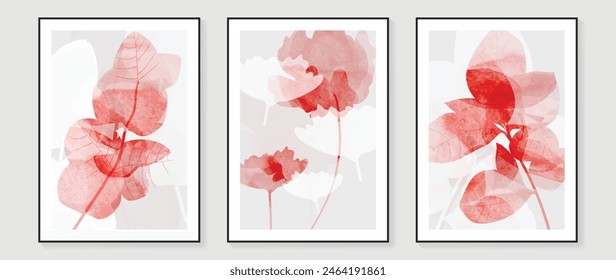 Vintage style foliage wall art template. Collection of hand drawn leaves with red watercolor texture, ginkgo leaf. Botanical poster set for wall decoration, interior, wallpaper, banner.