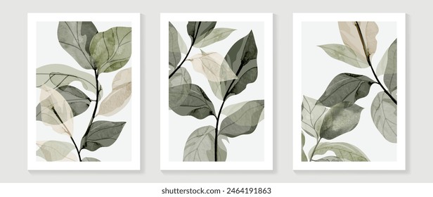 Vintage style foliage wall art template. Collection of hand drawn leaves with green watercolor texture, leaf branch. Botanical poster set for wall decoration, interior, wallpaper, banner.