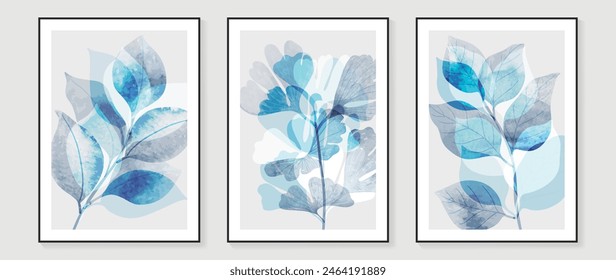 Vintage style foliage wall art template. Collection of hand drawn leaves with blue watercolor texture, ginkgo leaf. Botanical poster set for wall decoration, interior, wallpaper, banner.