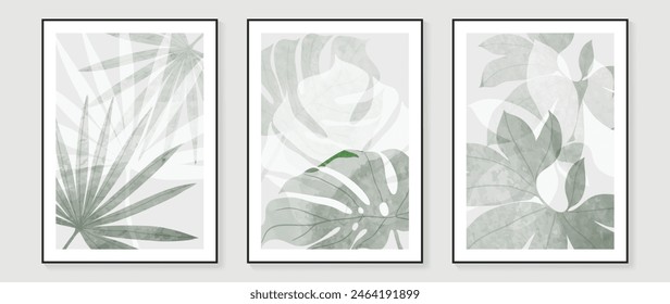 Plantilla de arte de pared de follaje estilo Antiguas. Colección de hojas dibujadas a mano con textura de acuarela verde, rama de hoja, monstera. Cartel botánico para decoración de paredes, interior, Fondo de pantalla, Anuncio.