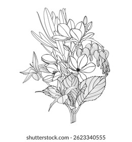 Vintage style foliage wall art template. Collection of hand drawn flowers texture, leaf branch, line art. Botanical poster for wall decoration, interior, wallpaper, banner.