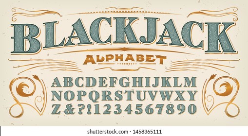 A vintage style font; Blackjack alphabet with additional gold flourishes.