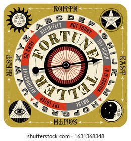 Vintage style fortune teller spin game with spinning arrow, answers, letters and mystic symbols. Vector illustration for web pages, gaming, banners, print, board games. 