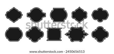 Vintage style frame border text box. Stylish islamic labels with patterns. Blank retro shape of badge, discount sales tag, insignia, price sticker. Collection of different vector icons