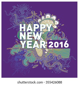 Vintage style and fun greeting card - Happy New Year 2016 - Editable