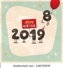 Vintage style funny greeting card - Happy New Year 2019 - Editable, grunge effects can be easily removed for a brand new, clean sign.