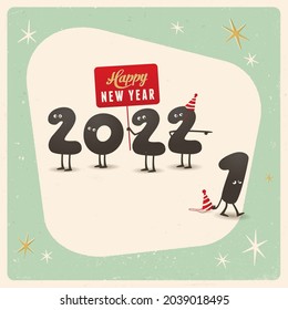 Vintage-Stil lustige Grußkarte - Happy New Year 2022 - Editable, Grunge-Effekte können leicht entfernt werden für ein brandneues, sauberes Schild.