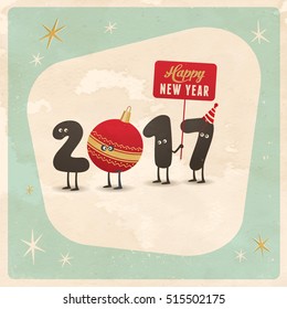 Vintage style funny greeting card - Happy New Year 2017 - Editable, grunge effects can be easily removed for a brand new, clean sign.