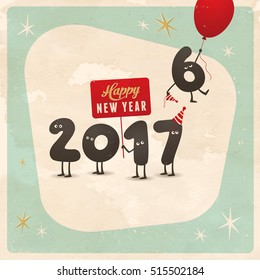 Vintage style funny greeting card - Happy New Year 2017 - Editable, grunge effects can be easily removed for a brand new, clean sign.