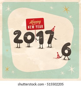 Vintage-Stil lustige Grußkarte - Happy New Year 2017 - Editable, Grunge-Effekte können leicht entfernt werden für ein brandneues, sauberes Schild.