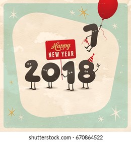 Vintage style funny greeting card - Happy New Year 2018 - Editable, grunge effects can be easily removed for a brand new, clean sign.