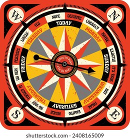 Vintage style game board wheel with spinning arrow. Ask a question, spin and get an answer. Vector illustration for websites, games, print.