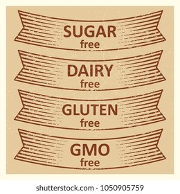 Vintage style gluten free, sugar free, dairy free, gmo free banners design. Vector illustration