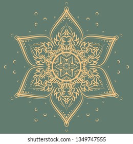 Vintage style golden flower, indian ornament, mandala on the green background