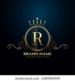 vintage style golden letter R monogram background with antique crown design vector