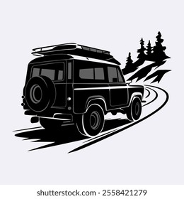 A vintage style graphic illustration of a classic off road vehicle with a roof rack, large spare tire