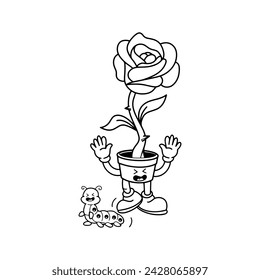 vintage style groovy cartoon character rose plant pot illustration.caterpillar. vector