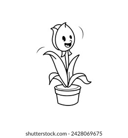 vintage style groovy cartoon character tulip plant pot illustration. vector. isolated white background.