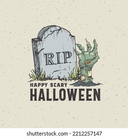 Vintage Style Halloween Card Label Template. Hand Drawn Tomb Ston and Zombie Hand Sketch Illustration with Retro Typography. Isolated