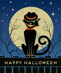 Vintage Style Halloween Card With Stylish Back Cat And Full Moon. Vector Illustration.